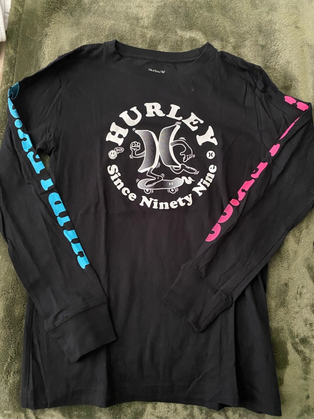 Hurley Black Long-Sleeve Tee with Pink & Blue Sleeve Graphics